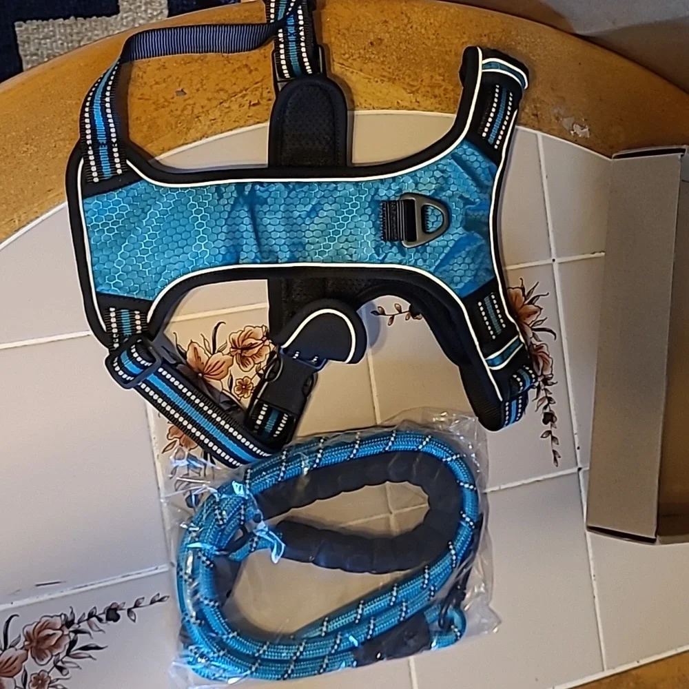 Brand new dog harness with matching leash. SIZE LARGE.